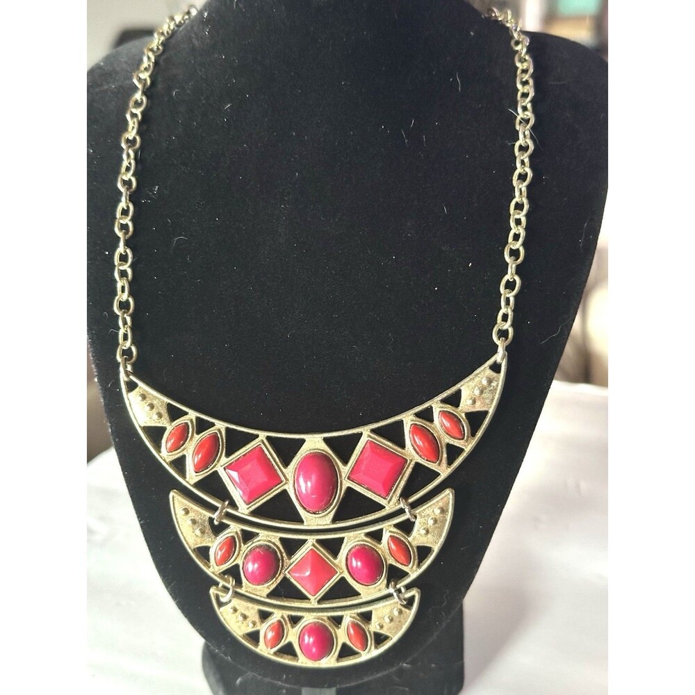 Boho Tribal Layered Crescent Bib Necklace Pink Red Cabochon Gold Tone Statement